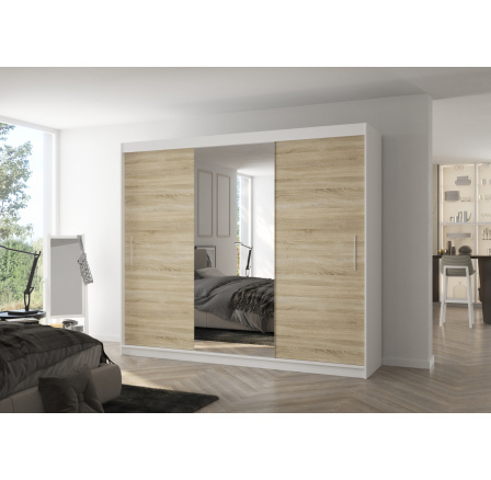 Šatní skriňa s posuvnými dverami a zrkadlom DENIS 250 Biela+Sonoma