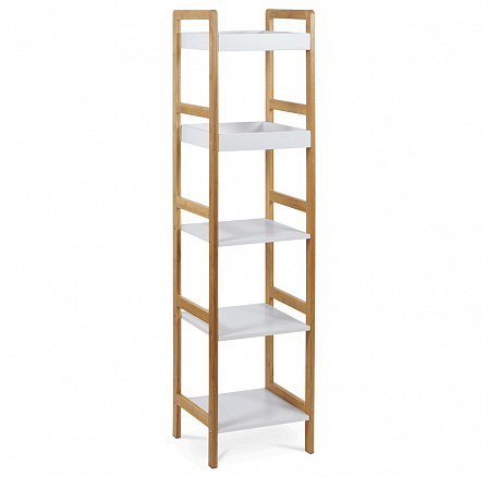 Regál, 5 políc, masívny bambus, prírodný odtieň, MDF, biely matný lak, č. 15 kg