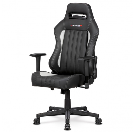Herné kreslo E-RACER, sivé a čierne čalúnenie z ekokože, HM, operadlo 90°-180°