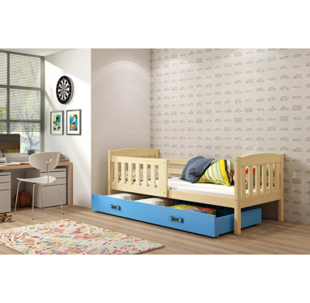 Detská posteľ KUBUS 90x200 cm so zásuvkou, s matracom, Prírodná/Modrá Detská posteľ KUBUS 90x200 cm so zásuvkou, s matracom, Prírodná/Modrá