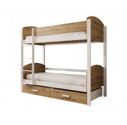 Detská Poschodová Posteľ Jori 200x90 s matracom Biela+Borovica Detská Poschodová Posteľ Jori 200x90 s matracom Biela+Borovica