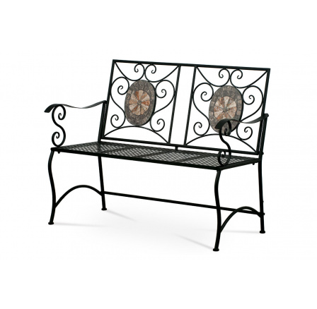 Záhradná lavička, keramická mozaika, kovová konštrukcia, čierny matný lak (typický pre
