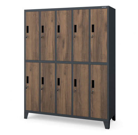 Plechová uzamykateľná šatníková skriňa s 10 boxmi BARTEK, 1360 x 1720 x 450 mm, Eco Design: antracitová/orech Plechová uzamykateľná šatníková skriňa s 10 boxmi BARTEK, 1360 x 1720 x 450 mm, Eco Design: antracitová/orech