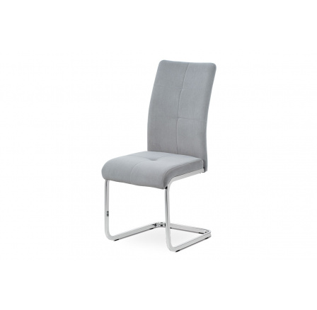 Jedálenská stolička, strieborná zamatová látka, pochrómovaná kovová podnož