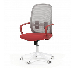 Stolička kancelárska, biely plast, sivý MESH a červená látka, plastový kríž, hojdací mechanizmus.
