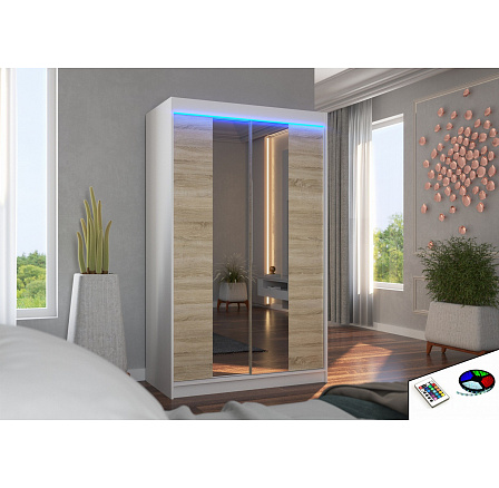 Posuvná skriňa so zrkadlom a LED osvetlením MARVIN 120 Biela+Sonoma