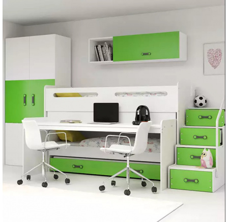 Poschodová posteľ s písacím stolom MAX 1 Zelená, 3 miestna, 80 X 200