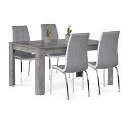 Jedálenský set 1+4, stôl 160x90 cm, MDF, dekor betón, poťah stoličiek sivá látka a biela ekokoža, kov - chróm