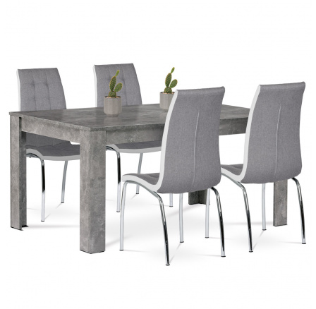 Jedálenský set 1+4, stôl 160x90 cm, MDF, dekor betón, poťah stoličiek sivá látka a biela ekokoža, kov - chróm