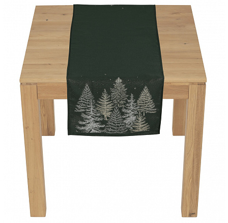 Ubrus - běhoun, zasněžené stromy, zelený, 100% polyester, 40 x 140 cm