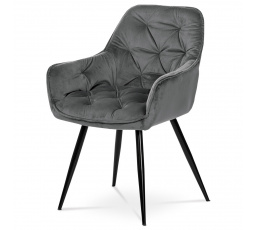Jedálenská stolička, sivé zamatové čalúnenie, kovová štvornohá podnož, čierny lak