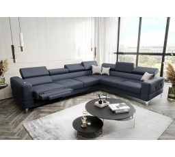 Rohová Kožená sedacia súprava s funkciou spania a , relaxU - TOSCANIA MAX 320x250 cm - pravá, modrošedá