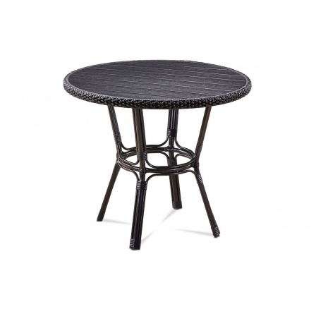 Záhradný stôl, kovový hnedý, umelý ratan čierny, polywood čierny