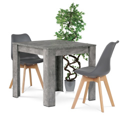 Jedálenský set 1+2, stôl 80x80 cm, MDF, dekor betón, stoličky sivý plast, sivá ekokoža, masívne bukové nohy, prírodný odtieň