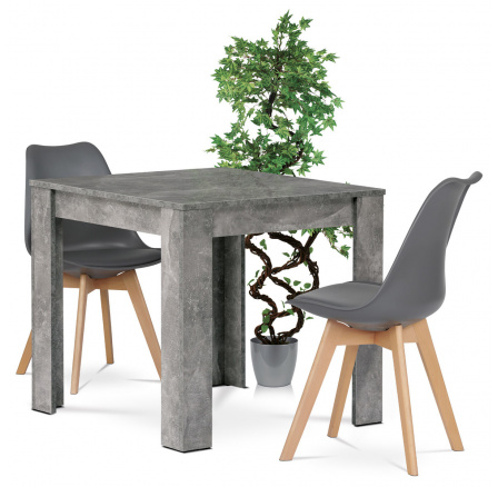 Jedálenský set 1+2, stôl 80x80 cm, MDF, dekor betón, stoličky sivý plast, sivá ekokoža, masívne bukové nohy, prírodný odtieň