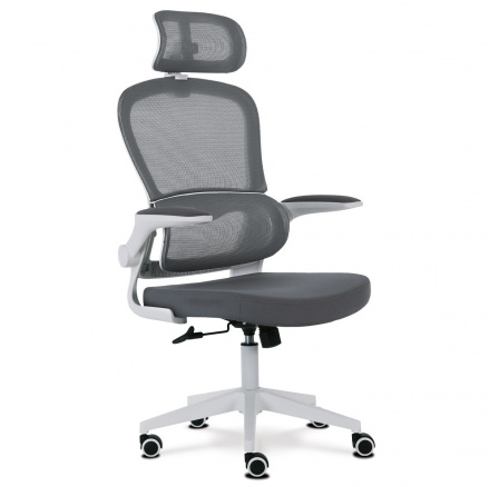 Kancelárska stolička, sivá sieťovina, biely plast, nastaviteľná opierka hlavy, nastaviteľná bedrová opierka
