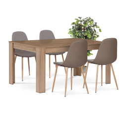 Jedálenský set 1+4, stôl 160x90 cm, MDF, dekor dub sonoma, poťah stoličiek látka cappuccino a ekokoža, nohy kov, dekor dub