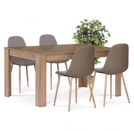 Jedálenský set 1+4, stôl 160x90 cm, MDF, dekor dub sonoma, poťah stoličiek látka cappuccino a ekokoža, nohy kov, dekor dub