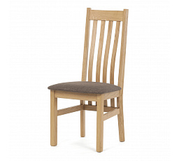 Drevená jedálenská stolička, čokoládovo hnedé látkové čalúnenie, dubový masív, prírodný odtieň