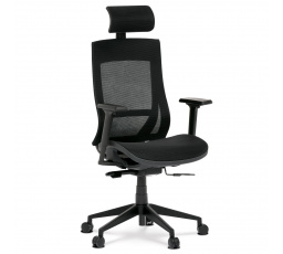 Kancelárska stolička, čierna sieťovina MESH, lanový vlnovec., plastový kríž, 2D podrúčky, kolieska na tvrdé podlahy