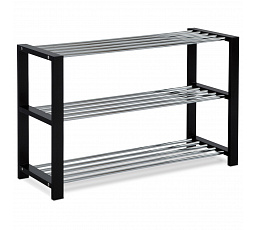 Stojan na topánky, 3 kovové chrómové police, masívne kaučukové drevo, čierny matný lak