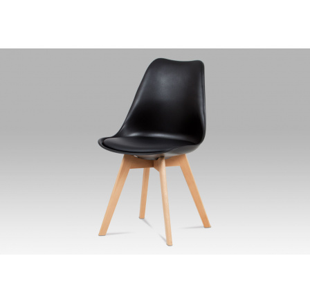 Jedálenská stolička, čierna plastová škrupina, čierne sedadlo z ekokože, drevené štvornohé nohy