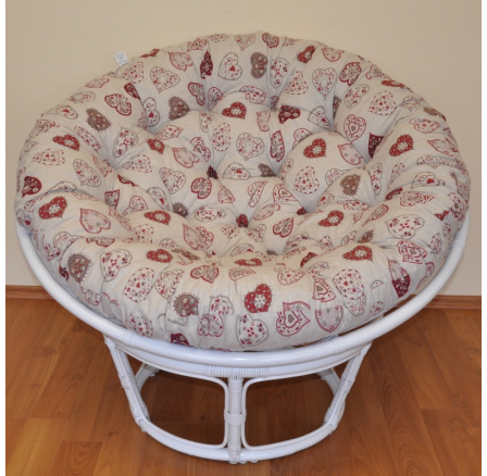 Ratanový papasan 100 cm biely, motív červeného srdca