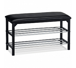 Stojan na topánky/stolička, 2 police, čalúnenie čierna ekokoža, kov - čierny matný lak a chróm