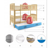 Detská poschodová posteľ KUBUS 3 s prístelkou 90x200 cm, bez matraca, Prírodná/Modrá
