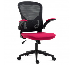 Kancelárska stolička, čierny plast, červená látka, sklopné podrúčky, kolieska na tvrdé podlahy