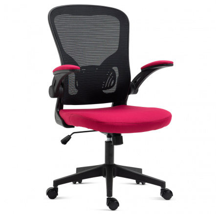 Kancelárska stolička, čierny plast, červená látka, sklopné podrúčky, kolieska na tvrdé podlahy