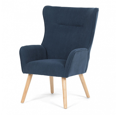 Kreslo, poťah modrá menčestrová látka, drevené nohy, masív kaučukovník
