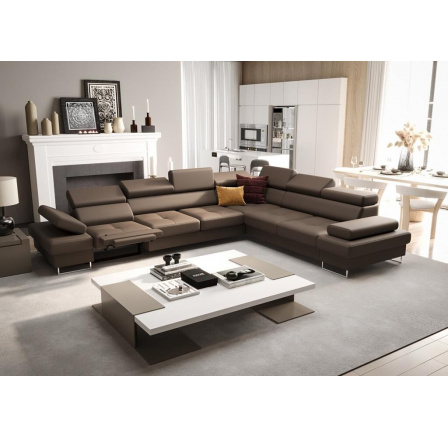 Rohová Kožená sedacia súprava s funkciou spania a relaxácie GALAXY MAX 350x280 cm - hnedá, pravá