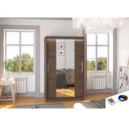 Šatní skriňa s posuvnými dverami, zrkadlom a LED osvetlením SANTOS 120 Choco+Choco