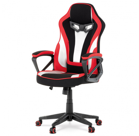 Herné kreslo, čalúnenie červená, čierna látka a strieborná ekokoža, hojdací mechanizmus