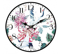 Hodiny nástěnné - pr. 34 cm, MDF, vzor květin s jeřáby