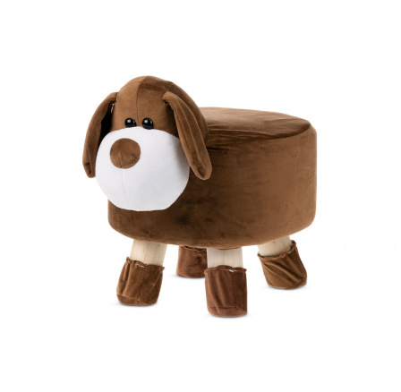 Taburette - pes, kombinácia čalúnenia z hnedej a bielej mikroplyšovej látky, nohy z kaučukového dreva