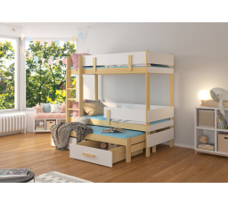 Trojposchodová posteľ s matracmi ETAPO 180x80 Prírodná borovica + Biela