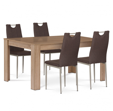 Jedálenský set 1+4, stôl 160x90 cm, MDF, dekor dub sonoma, poťah stoličiek hnedá látka, kov - cappuccino lak