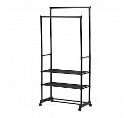 Stojan na šaty dvojramenný s tromi policami, čierna farba, kov / plast, chróm