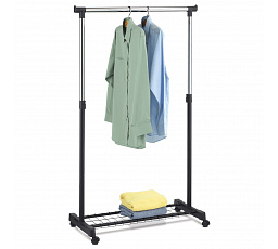 Stojan na šaty, jednoramenný, s úložným priestorom, čierny, kov / plast, chróm