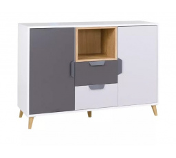 Komoda POKER R8, Biela/Grafit/Dub lefkas/Sivá