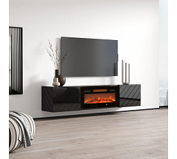 TV komoda LUXE s elektrickým krbom, čierna / čierny lesk