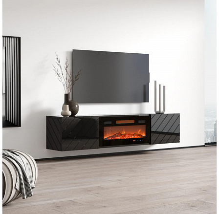 TV komoda LUXE s elektrickým krbom, čierna / čierny lesk TV komoda LUXE s elektrickým krbom, čierna / čierny lesk