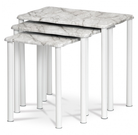 Prístavné a odkladacie stolíky, sada 3 kusov, sivá a biela mramorová doska, kovové nohy, biela farba