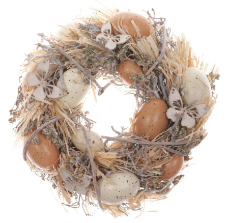 Veniec z prútia, umelé vajíčka a perie, veľkonočná dekorácia
