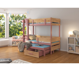 Trojposchodová posteľ s matracom ETAPO 180x80 Pink+Oak Gold