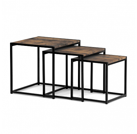 Set 3 ks odkladacích stolíkov, MDF, dekor staré drevo, kov, čierny lak Set 3 ks odkladacích stolíkov, MDF, dekor staré drevo, kov, čierny lak
