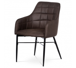 Jedálenská stolička, hnedé látkové čalúnenie vo vintage koži, kovová štvornohá podnož,