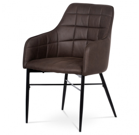 Jedálenská stolička, hnedé látkové čalúnenie vo vintage koži, kovová štvornohá podnož,